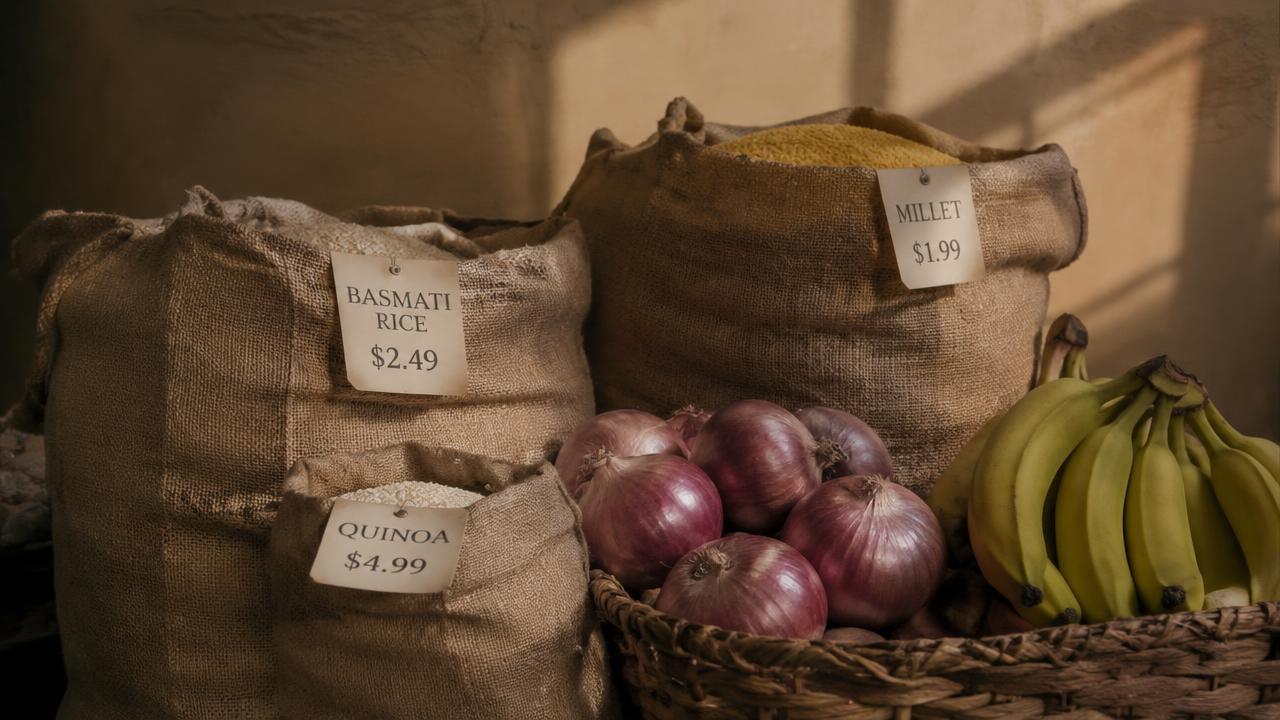Sacks of rice, millet and quinoa with price tags beside onions and bananas