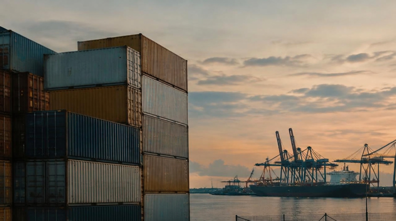 Stacked shipping containers at a port with cranes at dusk
