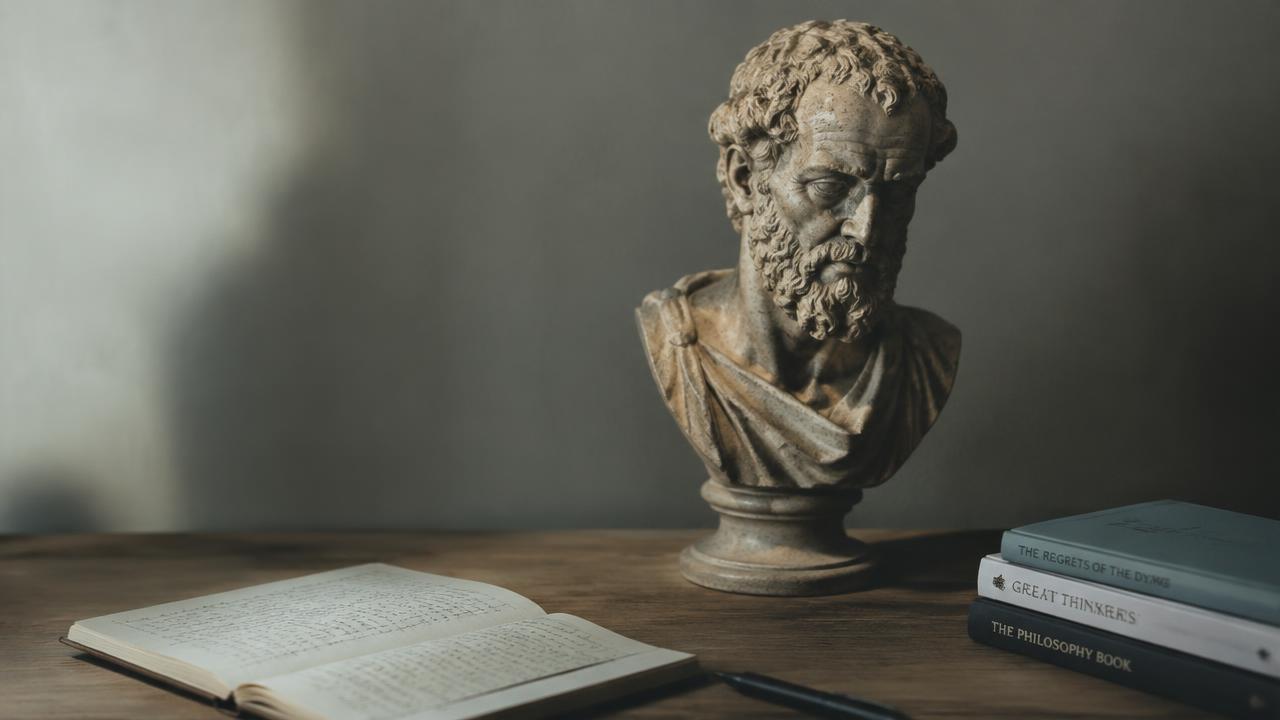 Classical marble bust beside an open notebook and philosophy books