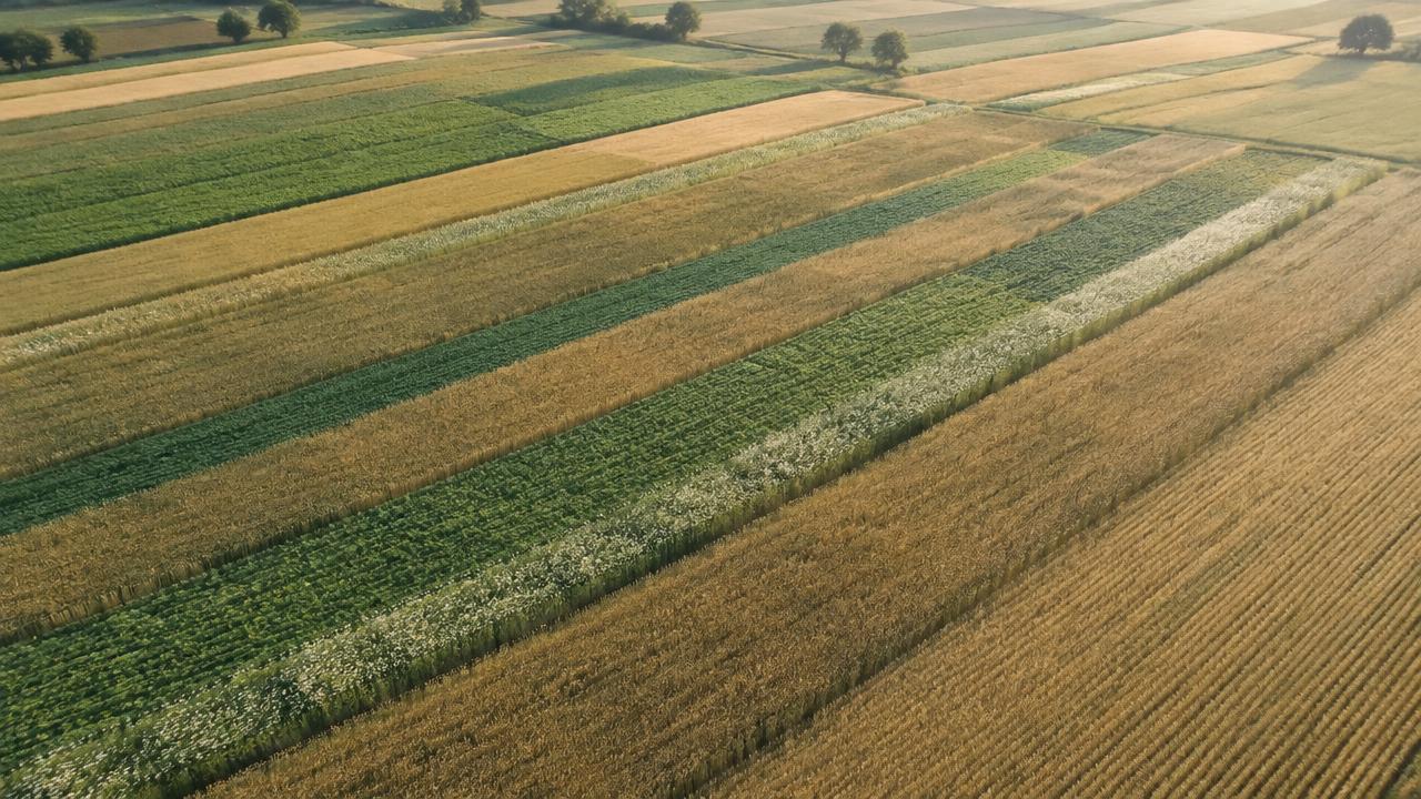 Aerial view of grain fields planted in alternating cover-crop strips