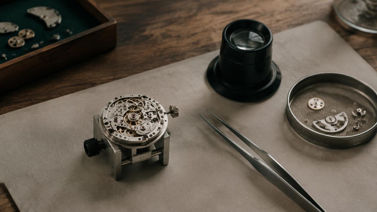 Hand-finished mechanical watch movement on a watchmaker's bench with loupe and tweezers